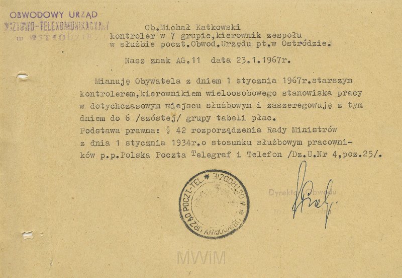 KKE 5568.jpg - Dok. Pismo z Obwodowego Urzędu Pocztowo-Telekomunijkacyjnego w Ostródzie do Michała Katkowskiego dotyczące awansu zawodowego, Ostróda, 23 I 1967 r.